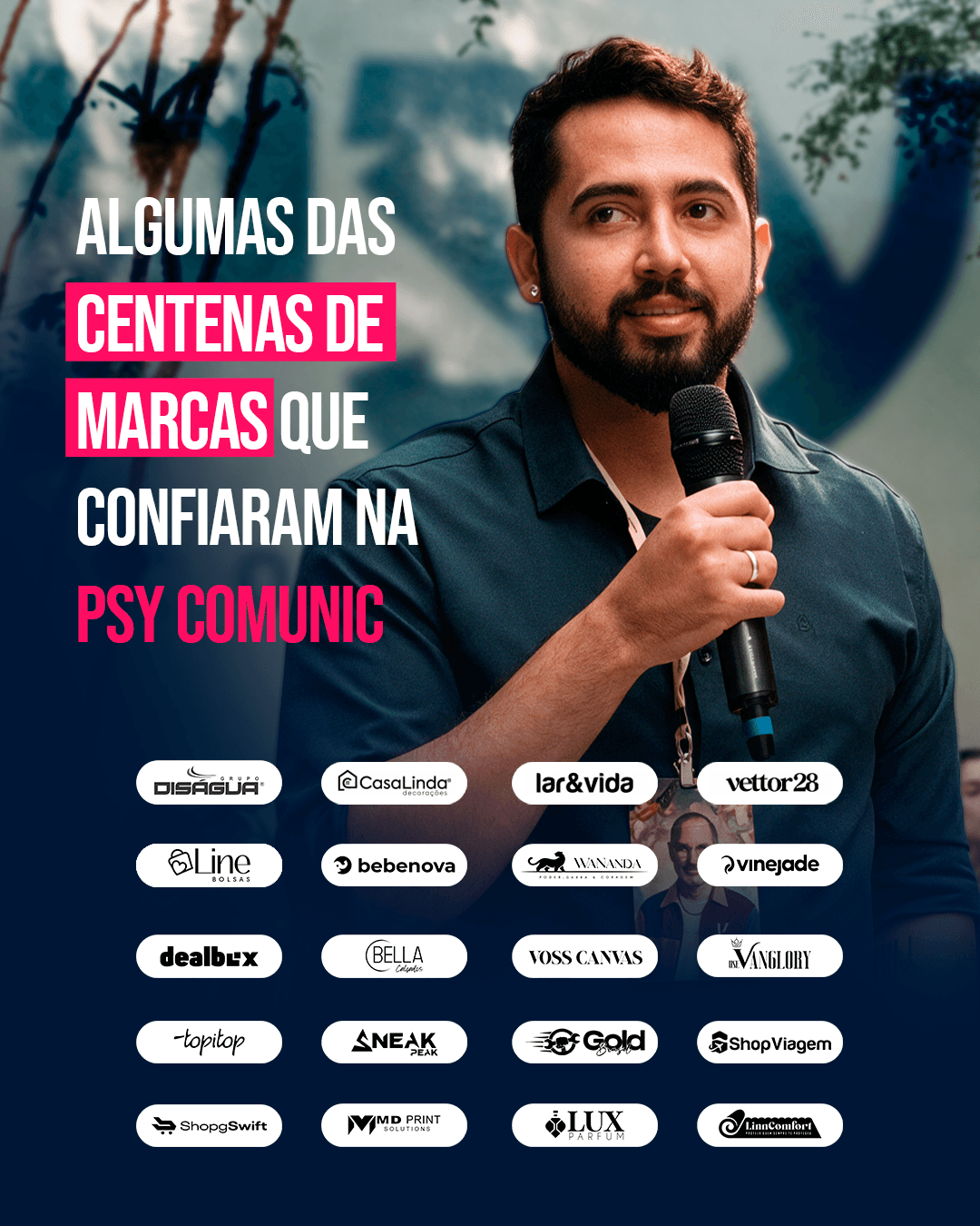 Cartaz com os logos de vinte marcas atendidas pela Psy Comunic